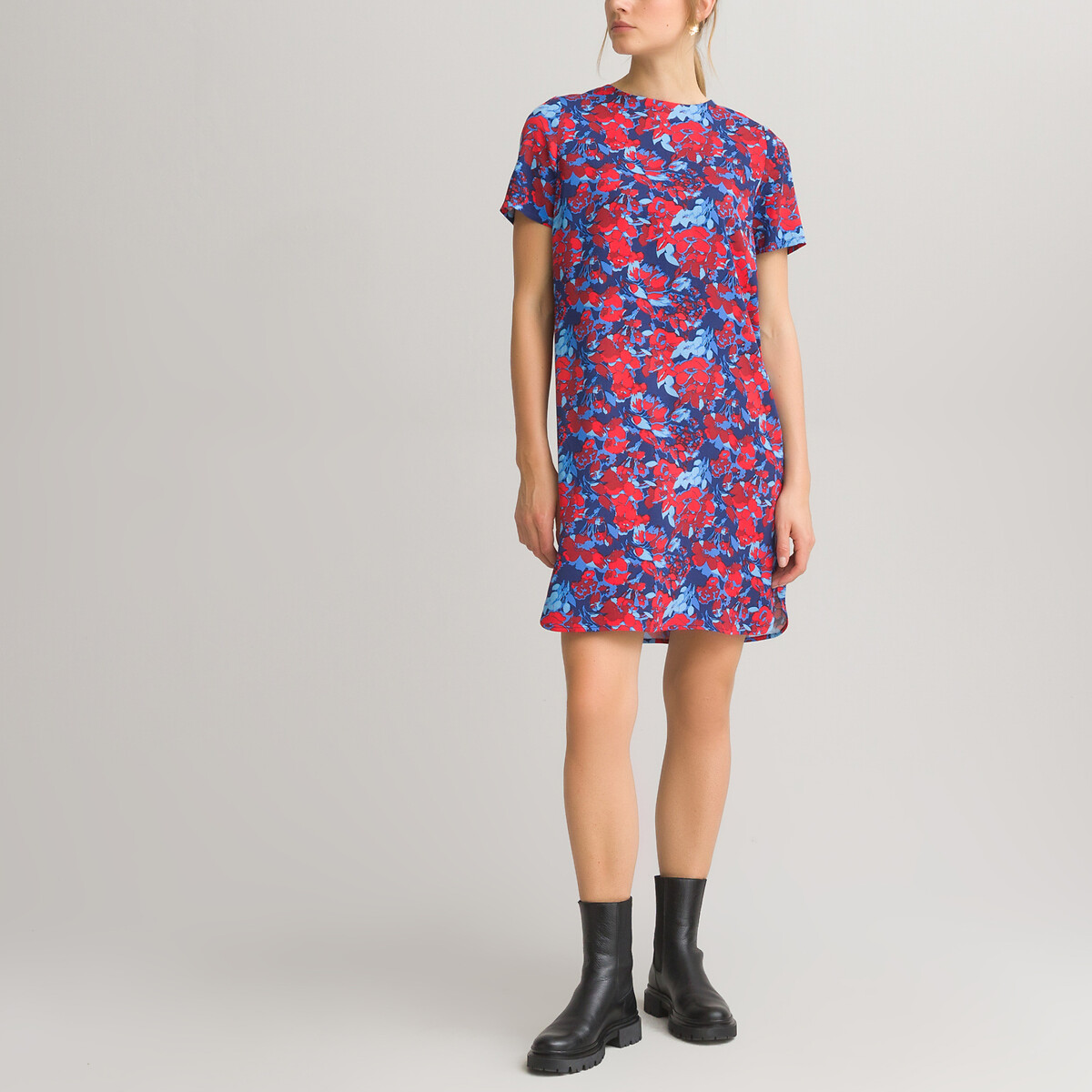 Floral mini shift dress with crew neck ...